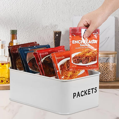 BSTKEY Seasoning Packet Organizer, Food Storage Organizer with Divided 4 Compartments, Metal Storage Caddy for Kitchen Pantry Cabinet, Kitchen Organization Bin for Snacks Spice Packets, White