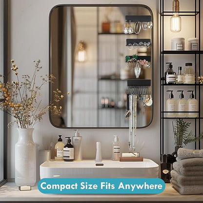 Magnetic & Adhesive Hanging Jewelry Organizers, 4 Pack Small Metal Display Holders of Racks and S Hangers for Necklace Earring Ring Bracelet, Tiny Earring Shelf Mount on Wall Mirror Cabinet Pegboard