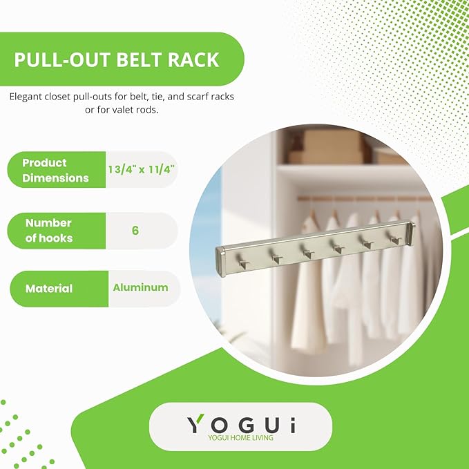 Design-R Pull-Out Belt Rack for Belts, Ties and Scarves, Accessories Storage Hanger with Mounting Hardware (Matte Nickel)