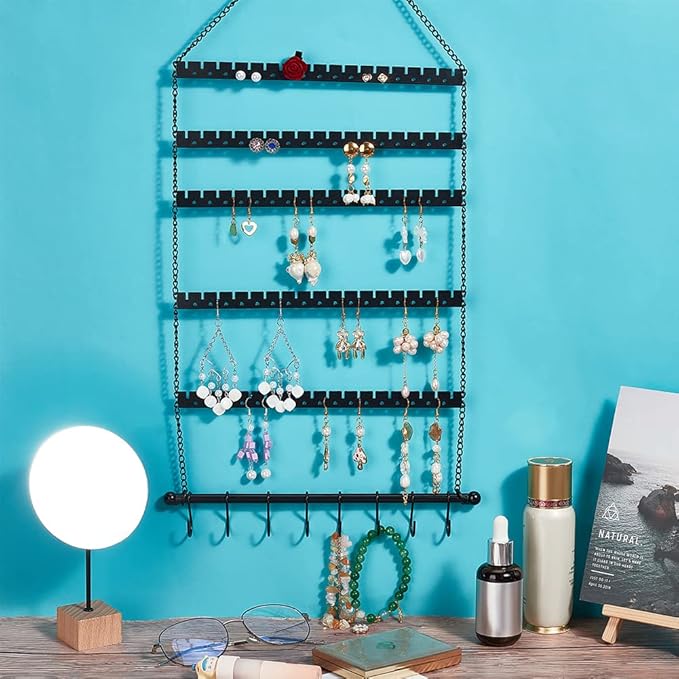 NBEADS Wall Hanging Jewelry Organizer, Earring Necklace Holder with Hanging Hooks for Earrings, Necklaces, Bracelets