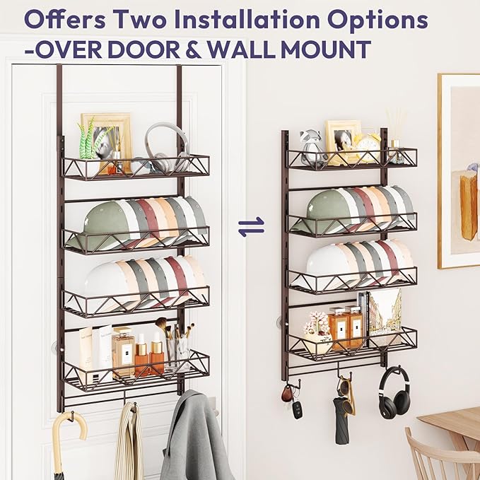 SWTYMIKI Over Door Hat Organizer - 5 Tier Wall Mounted Hat Rack with 4 Adjustable Metal Basket and 3 Hooks, Hanging Baseball Cap Organizer Storage Holds up to 49 Caps for Door, Bedroom, Closet