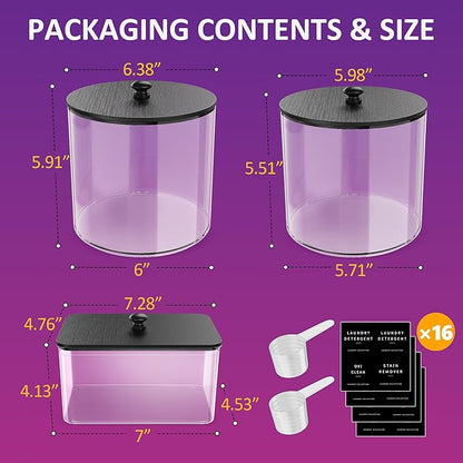 galasily 3 Pack Laundry Pods Container, Clear Laundry Room Organization Containers,Large Acrylic Detergent Powder Storage Containers Black Wooden Lids & Labels, Dryer Sheet Holder