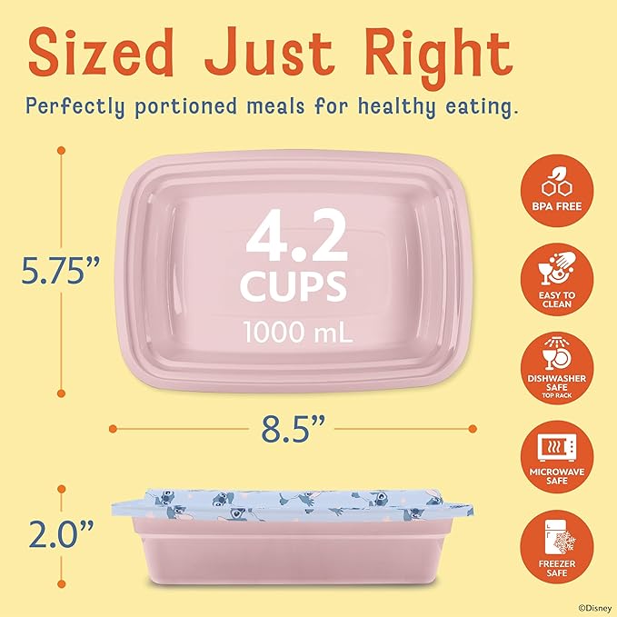 Best Brands Disney Meal Prep Containers - 20-Piece Reusable Food Containers with Lids - Freezer, Microwave & Dishwasher Safe - Featuring Mickey & Minnie, Lilo & Stitch - 33.8 Oz To Go Food Containers