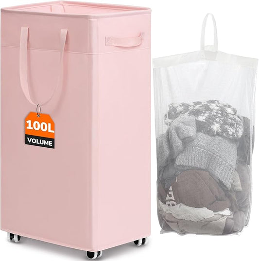 CHICVITA 100L Slim Laundry Hamper with Wheels, Collapsible Rolling Laundry Basket for Living Room, Pink Laundry Hamper for College Dorm