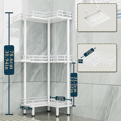 Consumest Corner Shower Caddy Standing - 3-Tier Stainless Steel Shower Organizer with Soap Holder and 4 Hooks, Large Capacity Corner Shelf Stand for Bathroom, Rest Room, White