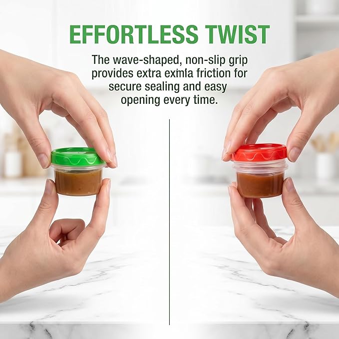 EONJOE 2 oz Plastic Containers with Lids Small Salad Dressing Container To Go Condiment Sauce Dipping Cups Jar Airtight,12-pack