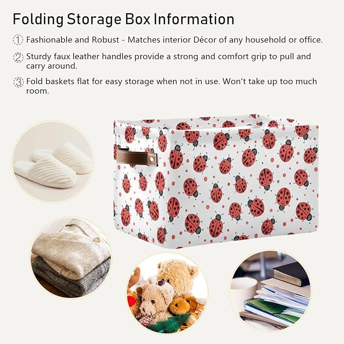 Ladybug Storage Basket Bin, Large Cube Storage Box Canvas Collapsible Storage Organizer for Home Office Closet, 2 Pack - 15 L x 11 W x 9.5 H