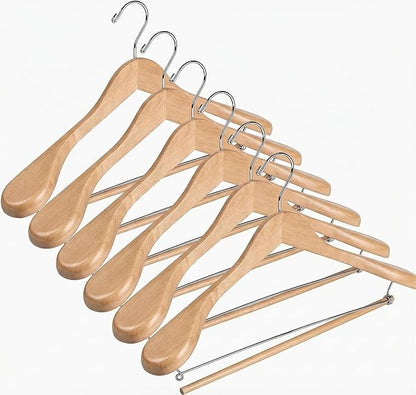 DEILSY™ Natural Suit Hangers for Men with Non-Slip Pants Bar & 360° Swivel Hook - Smooth Finish Wooden Coat Hangers, Heavy Duty Wooden Hanger – Pack of 6