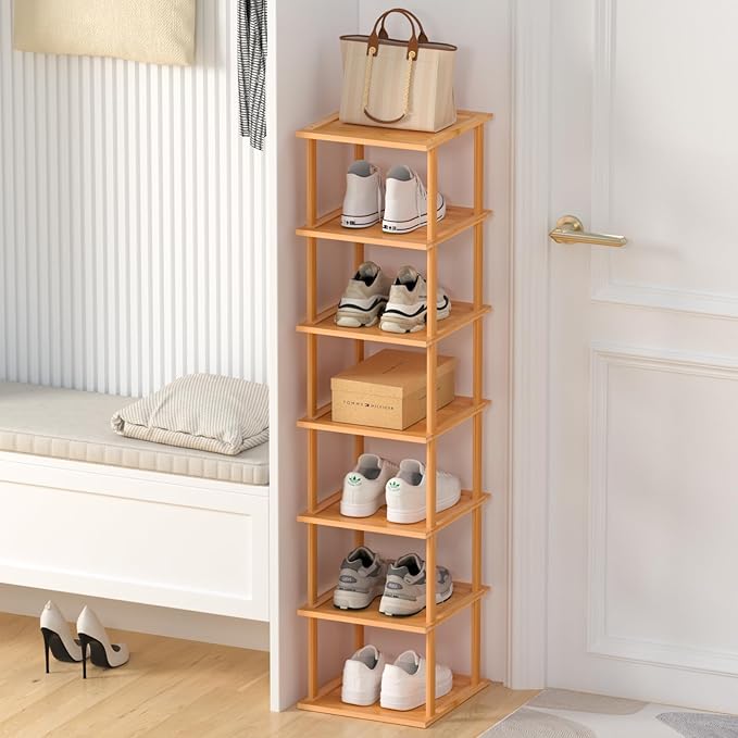 MHXW SXPN Bamboo Free Standing Shoe Rack Shelf Multi Tier Tall Wooden Stackable Shoes Rack Organizer for Closet Front Door Entrance Narrow Vertical Shoe Storage (Nature, 7 Tiers)