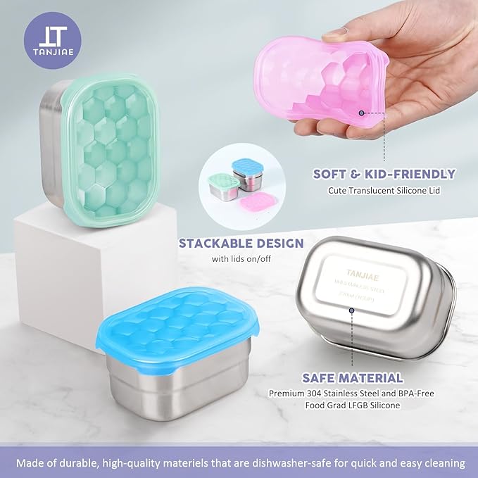 Tanjiae Snack Pro - Small (1 CUP) Stainless Steel Snack Containers for Kids | Easy Open Leak Proof Food Containers with Silicone Lids - Perfect Metal Toddler Lunch Box for Daycare and School (8oz)