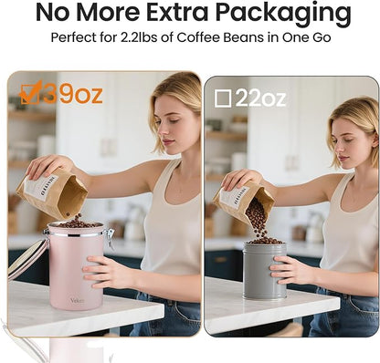 Veken Coffee Canister, 39OZ Large, Airtight Stainless Steel Food Storage Container for 2.2lbs Coffee Beans, Ground, Sugar, Tea, Cookie,Flour, Kitchen Bar Accessories with Date Tracker & Scoop, Pink
