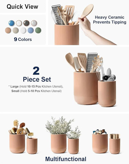 LE TAUCI Utensil Holder for Kitchen Counter, 7.3"+5.4" Fluted Ceramic Utensil Crock Organizer for Countertop, Heavy Large Holder for Spatulas, Spoons, Set of 2, Dusty Coral