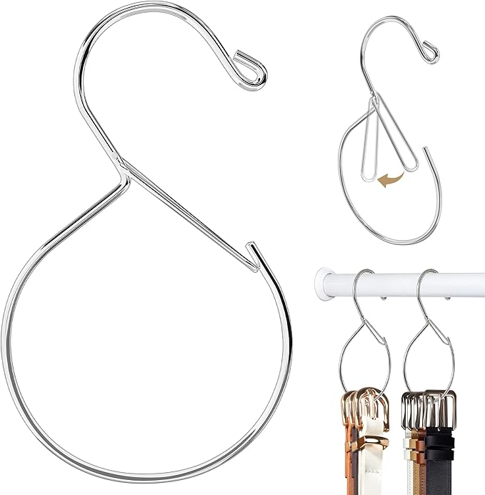 MEILIDY Belt Hanger, Compact Metal Belt Rack Hooks with Safety Buckle for Closet, Silver, 4 Pcs