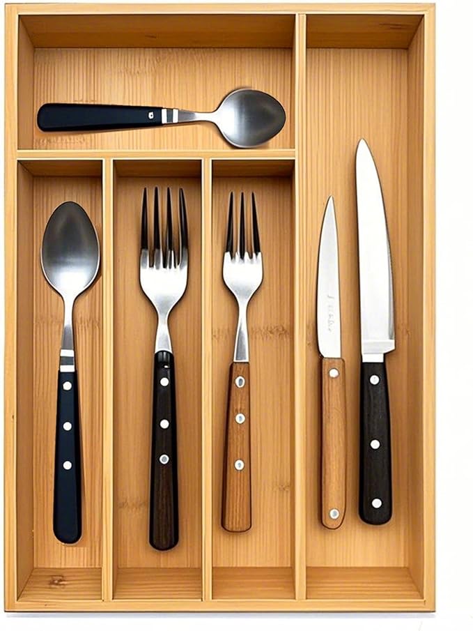 guiogc Kitchen Bamboo Silverware Drawer Organizer，Silverware Organizer and Cutlery Tray with Grooved Drawer Dividers for Silverware, Knives in Kitchen, Bedroom (5 Slot-Natural)
