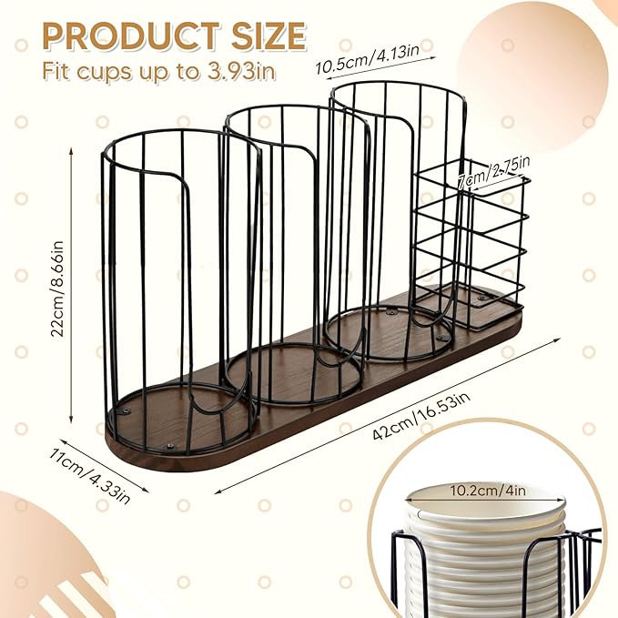 4-Compartment 18oz Coffee Cup Dispenser Rack with Wood Base, Disposable Cup Holder,Cup and Lid Holder with Straw Organizer,for Stirrers Pod Countertop, Plastic Cup Station