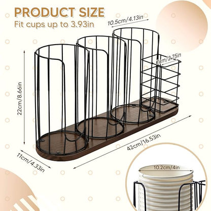 4-Compartment 18oz Coffee Cup Dispenser Rack with Wood Base, Disposable Cup Holder,Cup and Lid Holder with Straw Organizer,for Stirrers Pod Countertop, Plastic Cup Station