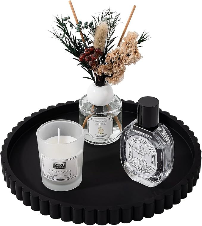 Round Bathroom Tray Silicone Kitchen Counter Decor Vanity Organizer Decorative Coffee Table Tray for Perfume, Candle, Soap Dish, 9 Inch, Black
