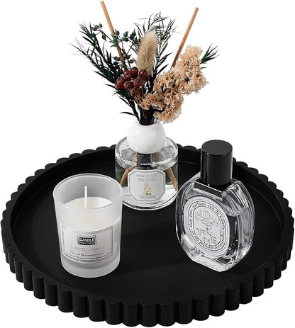 Round Bathroom Tray Silicone Kitchen Counter Decor Vanity Organizer Decorative Coffee Table Tray for Perfume, Candle, Soap Dish, 9 Inch, Black