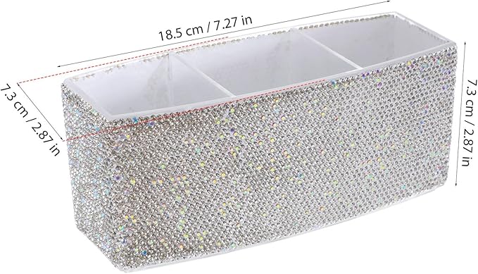 TEHAUX Bling Makeup Organizer for Vanity with 3 Compartments Rectangular Cosmetic Storage Box for Desk Makeup Brushes Lipsticks - Elegant Rhinestone Design 2.87 X 7.28 X 2.87 Inches