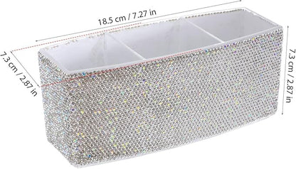 TEHAUX Bling Makeup Organizer for Vanity with 3 Compartments Rectangular Cosmetic Storage Box for Desk Makeup Brushes Lipsticks - Elegant Rhinestone Design 2.87 X 7.28 X 2.87 Inches