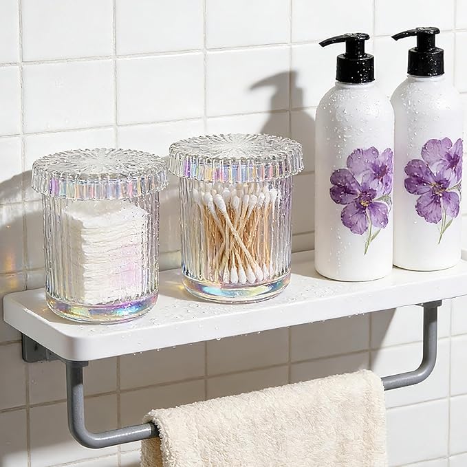 2 Pack Glass Qtip Holder Dispenser Set - Bathroom Organizer for Cotton Swabs, Balls, Pads, Floss Picks - Clear Apothecary Jars for Vanity, Makeup Storage, Bathroom Accessories Decor (Iridescent)