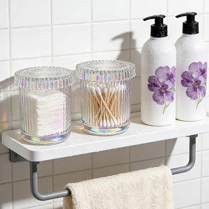 2 Pack Glass Qtip Holder Dispenser Set - Bathroom Organizer for Cotton Swabs, Balls, Pads, Floss Picks - Clear Apothecary Jars for Vanity, Makeup Storage, Bathroom Accessories Decor (Iridescent)