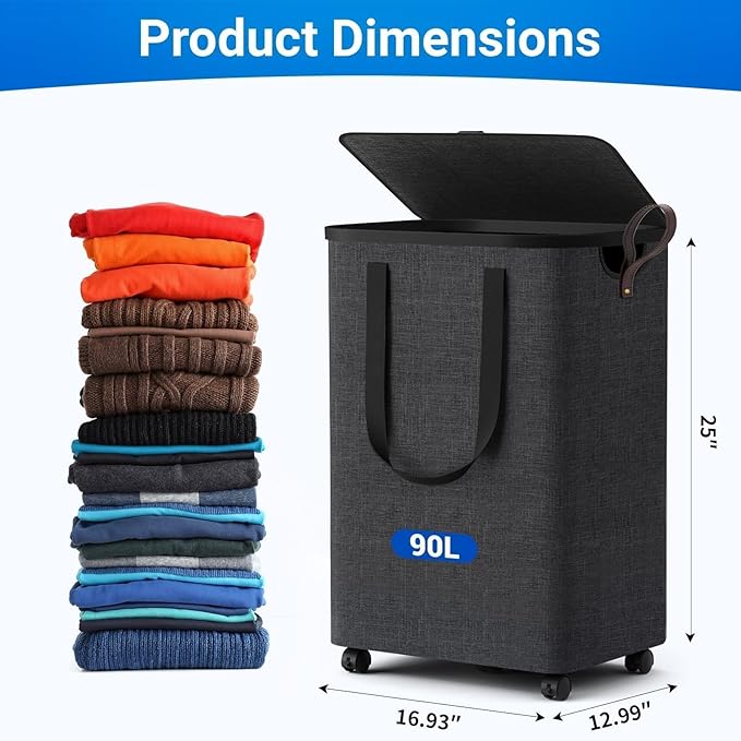 Laundry Basket with 5 Wheels, Tall Dirty Laundry Hamper, Rolling Laundry Basket with Lid, Large 90L Collapsible Clothes Hamper for Laundry Room Bedroom Bathroom Dorm, Dark Gray