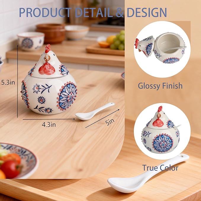Ceramic Salt Cellar with Lid & Spoon - 13.5oz Chicken Decor Countertop Container,Salt Holder for Counter, Coffee, Sugar, Spices and Candies | Rustic Kitchen Accessory for Cooking & Dining Table Decor