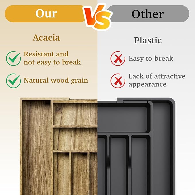 Kiasthome Acacia Wood Kitchen Silverware Drawer Organizer, Expandable Utensil Cutlery Drawer Organizer with Dividers, Flatware Organizer Silverware Tray for Spoon, Fork, 13''-20''x16.9'' (7-9 Slots)