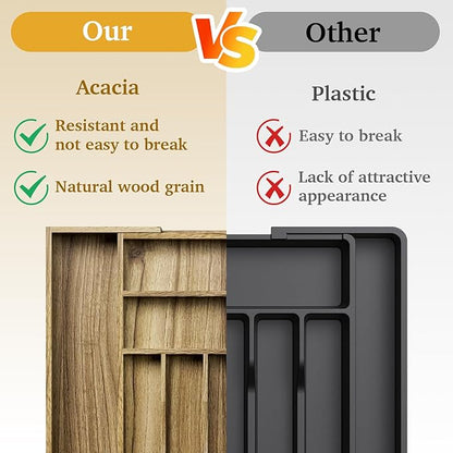 Kiasthome Acacia Wood Kitchen Silverware Drawer Organizer, Expandable Utensil Cutlery Drawer Organizer with Dividers, Flatware Organizer Silverware Tray for Spoon, Fork, 13''-20''x16.9'' (7-9 Slots)