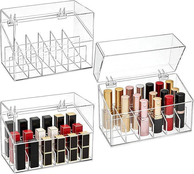 Foraineam 3 Pack Lipstick Holder Organizer with Lid, 18 Spaces Clear Acrylic Lipstick Display Stand Container, Dust-proof Beauty Makeup Storage Case for Cosmetic Dresser Vanity Cabinet Display