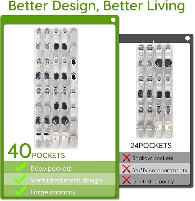Over the Door Shoe Organizer with 40 Large Breathable Mesh Pockets, Space Saving Shoe Holder, Hanging Shoe Rack for Entryway Bedroom Closet Storage (White, 40 Pockets)
