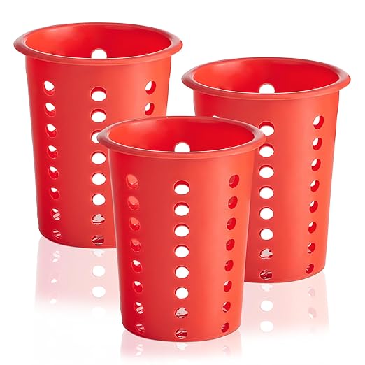 OCS Parts Perforated Utensil Drying Cups | Red | Set of 3 | Plastic Flatware Holder Cylinders for Kitchen Counter Organization