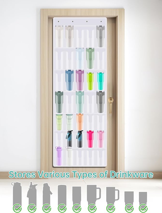 NiHome 35-Pocket Large Capacity Door Cup Organizer Fit for Stanley Tumblers 30oz, 40oz, Door Hanging Water Bottle Storage, Double-Sided Tape Stabilizer, Waterproof Oxford Fabric, Transparent (White)