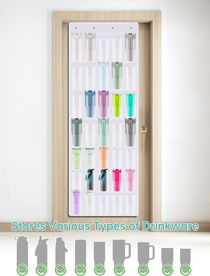 NiHome 35-Pocket Large Capacity Door Cup Organizer Fit for Stanley Tumblers 30oz, 40oz, Door Hanging Water Bottle Storage, Double-Sided Tape Stabilizer, Waterproof Oxford Fabric, Transparent (White)