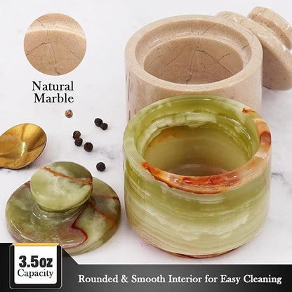 MARBLOUS KRAFTS Marble Salt Cellar with Lid 3" Inch Green Onyx and Verona Salt Holder, Ideal for Sugar, Salt, and Pepper Bowls, Perfect for Kitchen Storage and Countertop, Gift for Mom