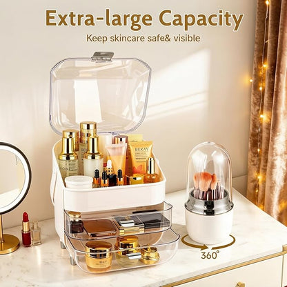 Makeup Organizer with Drawers-Cosmetic Display Case for Vanity|Skincare Organizer with 360 Rotating Brush Holder,Large Storage Box Dresser,Women Gifts Display Cases for Bathroom Countertop, Sliver