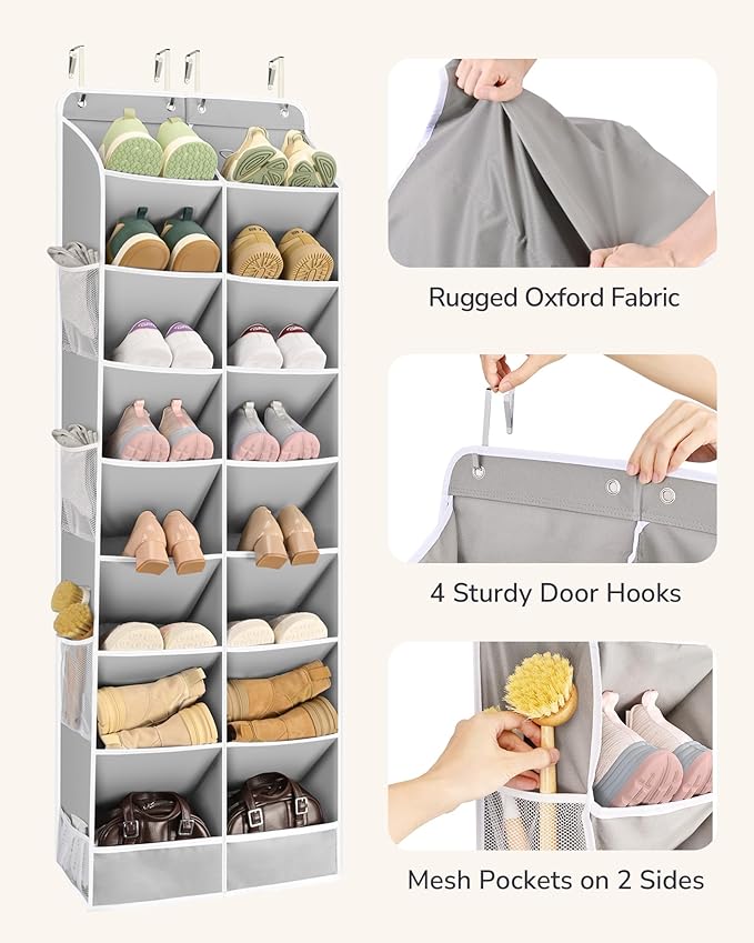 ULG Over The Door Shoe Organizer with 16 Large Pockets, Hanging Shoe Rack for Closet Door, Space Saving Shoe Storage for Boots, Heels & Sneakers,Grey