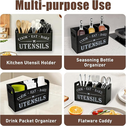 Wooden Kitchen Utensil Holder for Counter, 3 Compartments Utensil Caddy for Knife Spoon Fork Cooking Spatula, Rustic Silverware Organizer for Countertop Flatware Cutlery Storage, Farmhouse Decor