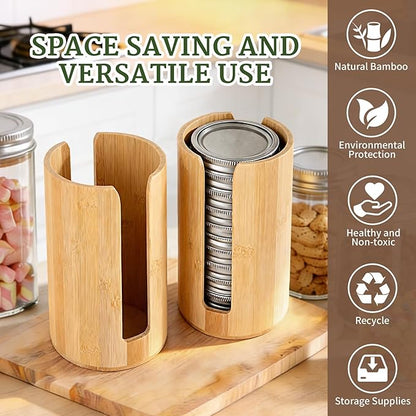 2 Pack Mason Jar Lid Organizer, Bamboo Lid Holder for Wide & Regular Mouth Canning Lids & Rings, Compact Space-Saving Rack for Kitchen Countertop & Cabinet, Holds 10–12 Lids