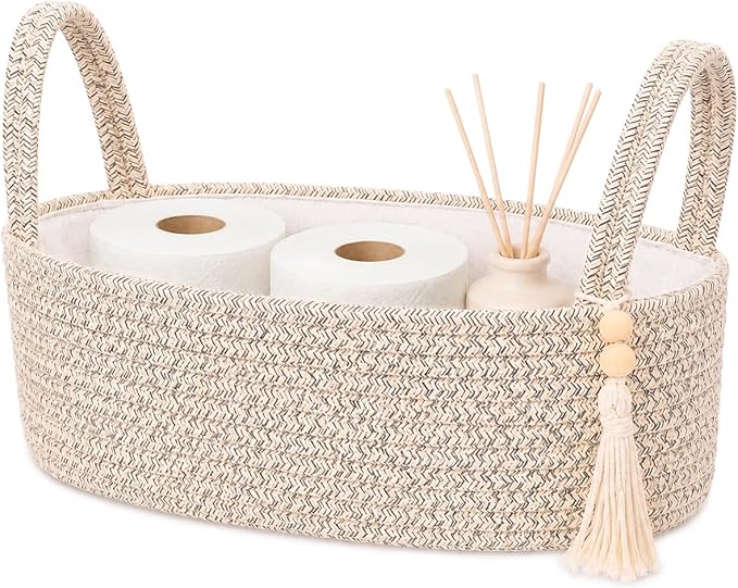 ABenkle Small Storage Basket, Jute Rope Woven Toilet Paper Tray Organizer for Toilet Tank Top, Boho Bathroom Decor Holder for Shelf Bedroom Living Room -13x6x4 Inches