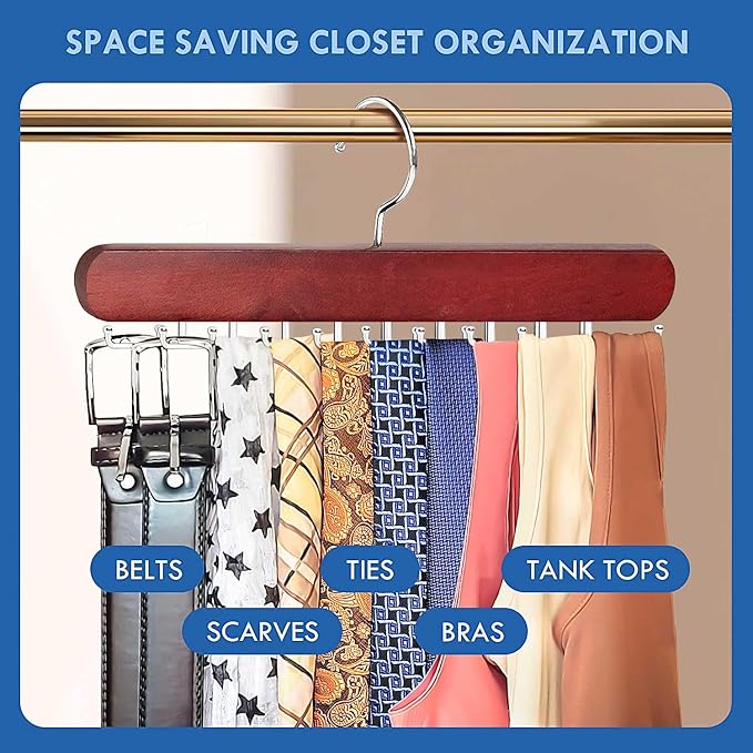 2Pack Tie Rack Hanger for Closet, Sleek Tie Organizer for Men with 18 Upgraded Folding Hooks, Space-Saving Tie Holder, Tie and Belt Hanger for Closet (Mahogany)