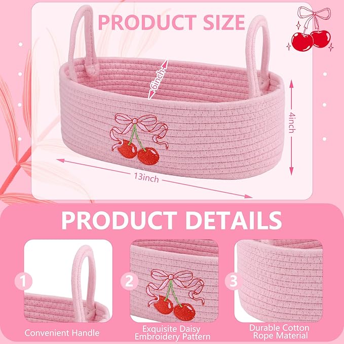 Vesici Cherries Toilet Paper Basket Boho Woven Cotton Rope Bathroom Countertop Organizer with Handle Pink Bow Cherry Bathroom Storage Decor for Toilet Closet Bedroom Nursery, 13 x 6 x 4 Inch