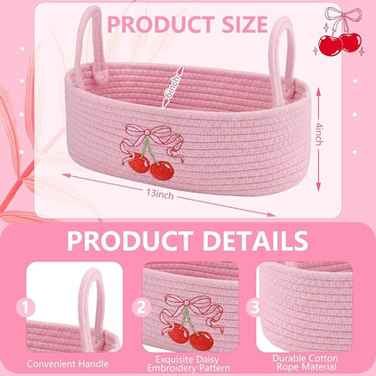 Vesici Cherries Toilet Paper Basket Boho Woven Cotton Rope Bathroom Countertop Organizer with Handle Pink Bow Cherry Bathroom Storage Decor for Toilet Closet Bedroom Nursery, 13 x 6 x 4 Inch