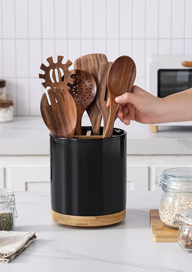 LoeJan 3 Compartment Utensil Holder, Extra Large Utensil Crock, Stable Ceramic Utensil Organizer, Cooking Tool Organizer Set for Kitchen Counter Farmhouse Decor (D-Black(Grossy))