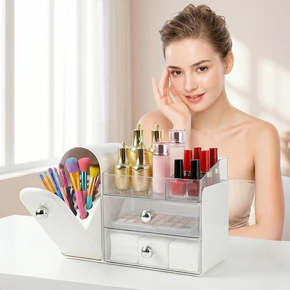 Makeup Organizer with Makeup Brush Holder, Vanity Organizer Large Cosmetic Display Cases, Skincare Organizers and Bathroom Countertop Organizer, Gifts for Women (White)