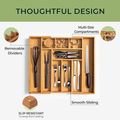 keechee Carbonized Bamboo Kitchen Drawer Organizer, 10 Slots Expandable Silverware Organizer, Utensil Holder & Cutlery Tray, 2.2" Deep for Extra Capacity, Non-Slip Feet Included