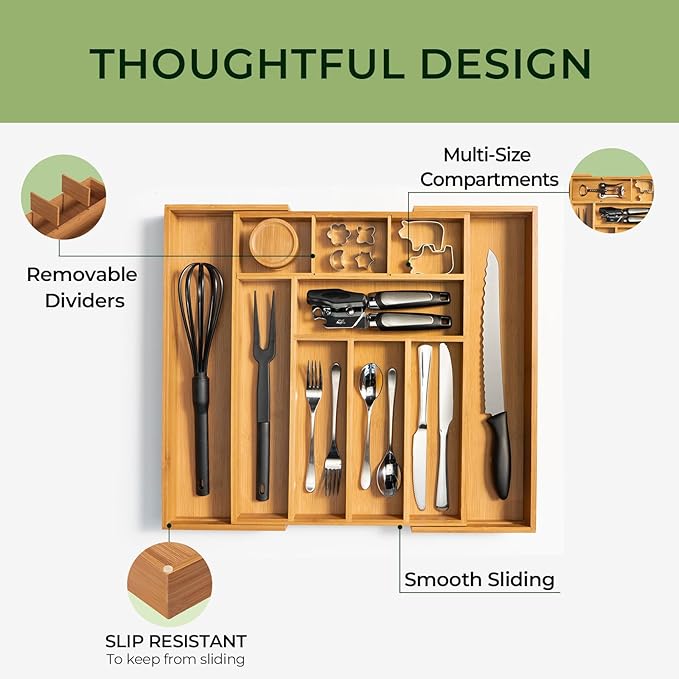 keechee 6-Piece Bamboo Drawer Organizer Set, 2.2" Deep Multi-Use Organizers for Utensils, Silverware, Cutlery, Desk, Bathroom, Junk Drawer & Makeup, Non-Slip Feet Included.