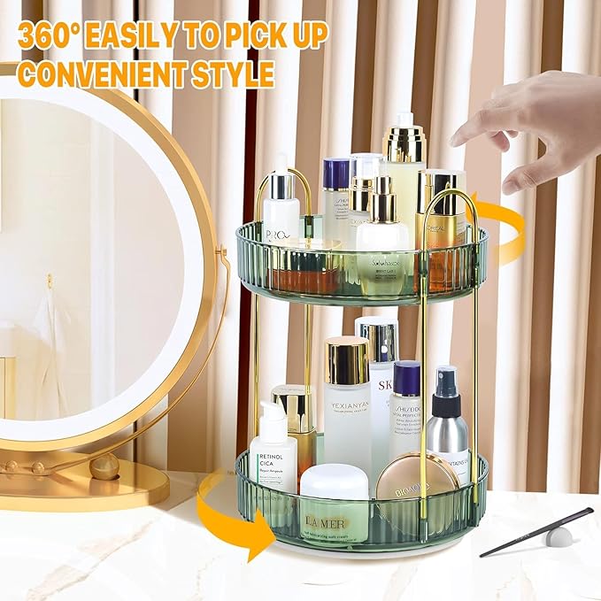 360° Rotating Makeup Organizer for Vanity, Large Capacity Bathroom Countertop Skincare, Spinning Perfume Cosmetics Organizer for Dresser Countertop, 2 Tier Green