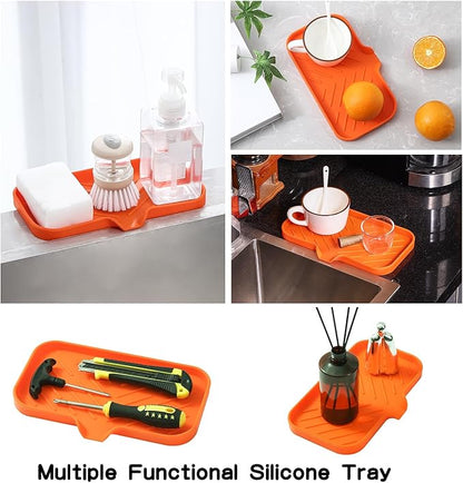 MicoYang Silicone Bathroom Soap Dishes with Drain Spout-Bathroom and Kitchen Sink Organizer,Sponge Holder,Dish Soap Tray,Perfect for Dispenser,Scrubber,Bottle,Cup on Sink or Counter-Orange 9.6"×5.3"